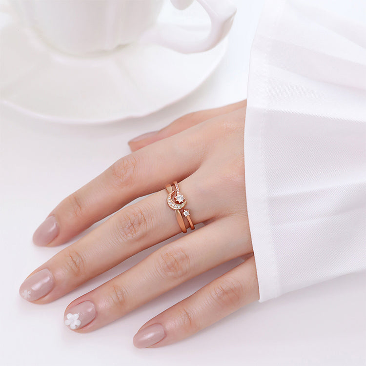 Moon and Star Ring Set, 925 Sterling Silver Size Adjustable Ring Gold & Rose Gold Stackable Rings Celestial Minimalist Dainty Cute Ring Set