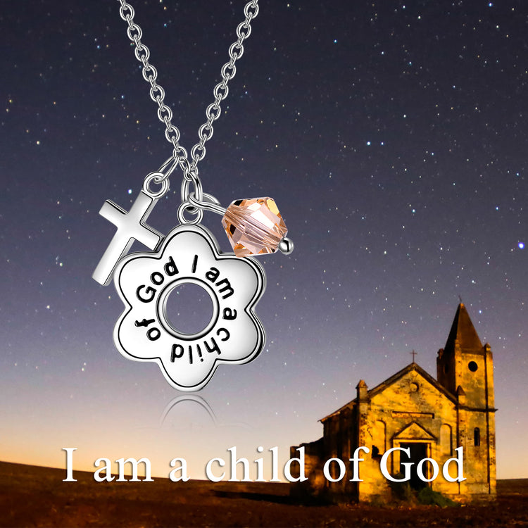 925 Sterling Silver Cross I am a Child of God Engraved Daisy Birthstone Necklace Gift for Her
