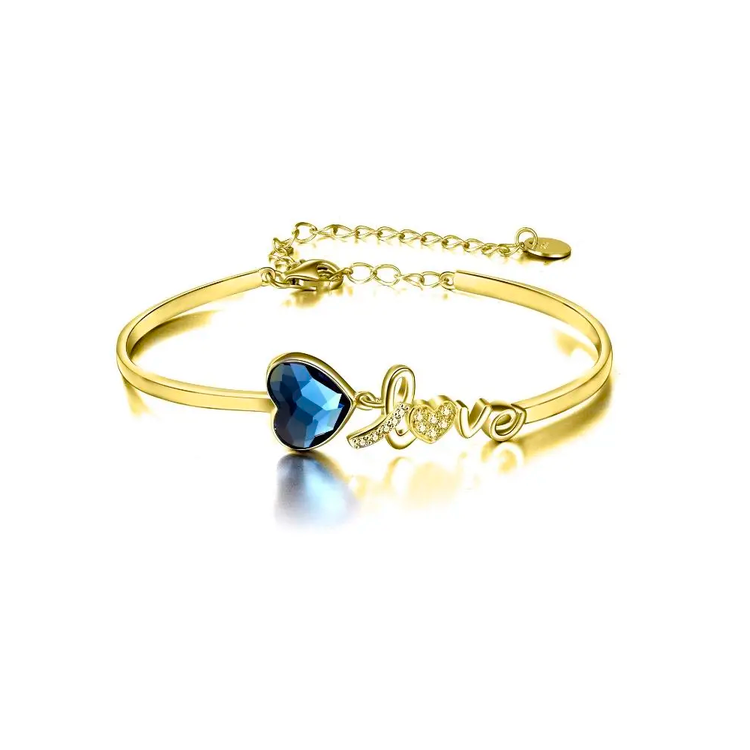 925 Sterling Silver Blue Crystals from Austria Love Heart Bangle Bracelet in White Gold Plated