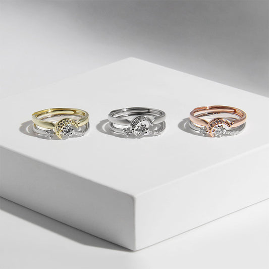 Moon and Star Ring Set, 925 Sterling Silver Size Adjustable Ring Gold & Rose Gold Stackable Rings Celestial Minimalist Dainty Cute Ring Set