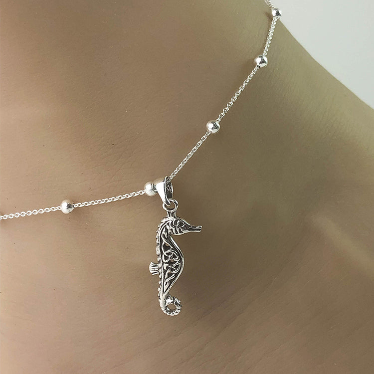 925 Sterling Silver Seahorse Beaded Ankle Bracelet, Good Luck Charm Jewelry, Beach Jewelry