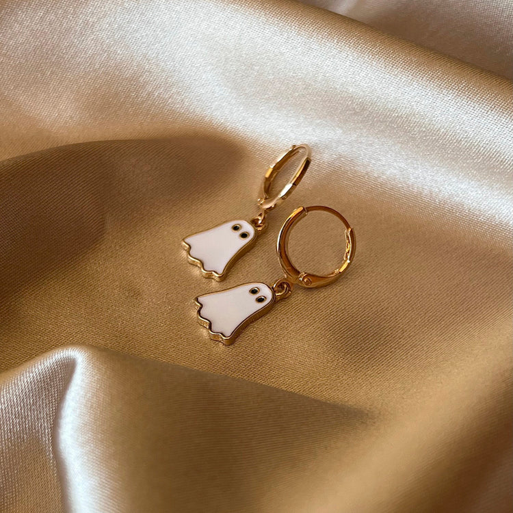 925 Sterling Silver Gold Plated Halloween White/Gold Ghost Huggie Hoop Earrings