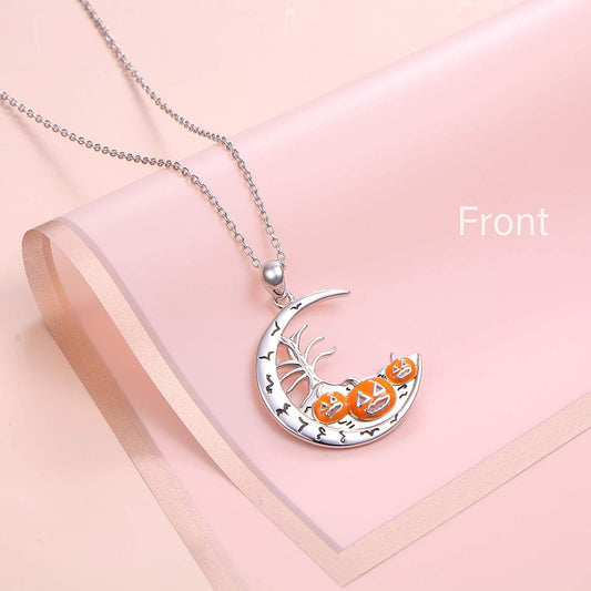 925 Sterling Silver Halloween Jewelry Moon and Pumpkin Pendant Necklace