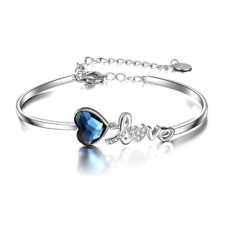 925 Sterling Silver Blue Crystals from Austria Love Heart Bangle Bracelet in White Gold Plated