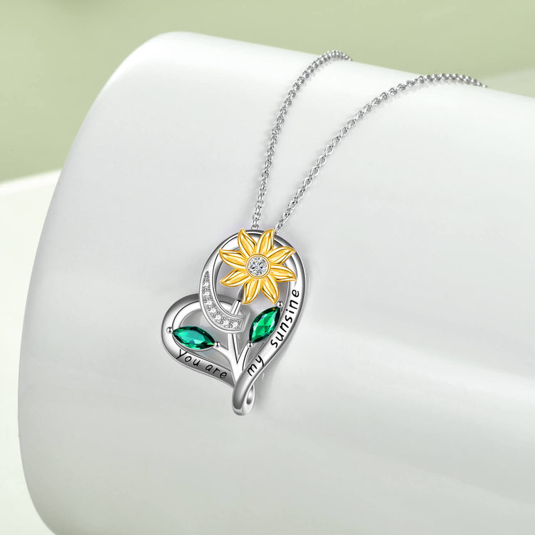 925 Sterling Silver Heart Sunflower Necklace With Zirconia