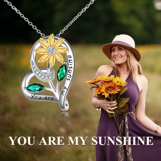 925 Sterling Silber Herz Sonnenblumen Halskette mit Zirkonia