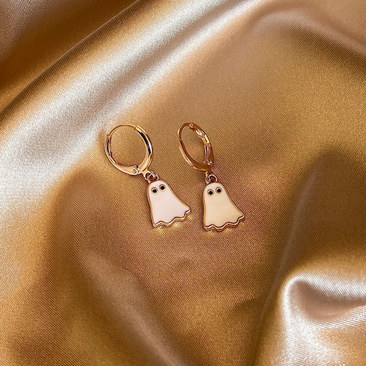 925 Sterling Silver Gold Plated Halloween White/Gold Ghost Huggie Hoop Earrings