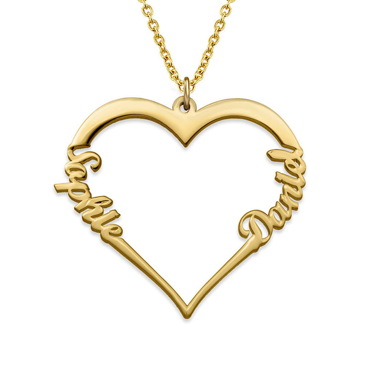 925 Sterling Silver Contour Necklace  with Heart Charm and Two Names