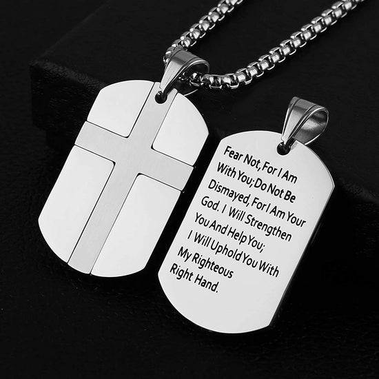 Stainless Steel Cross Dog Tag Pendant Necklace Strength Bible Verse, Father's Day Gift - onlyone