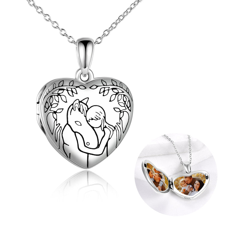 925 Sterling Silver Horse And Girl Heart Photo Heart Locket Necklace That Hold Pictures Gift for Women