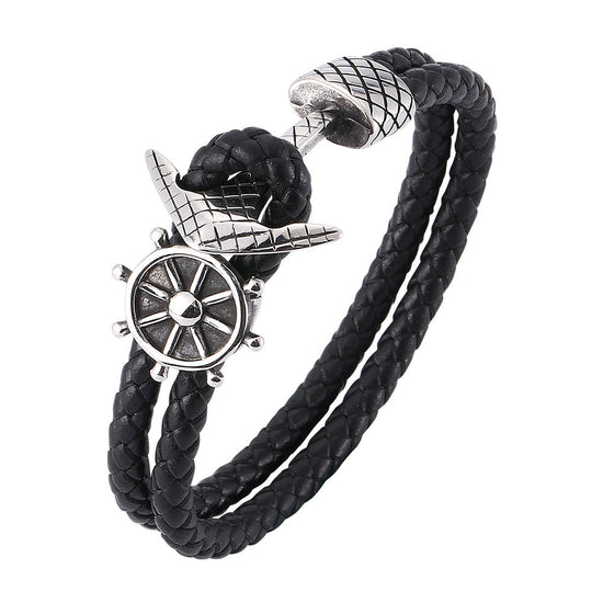 Mens Leather Bracelet With Stainless Steel Compass, Father's Day Bracelet - onlyone
