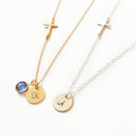 925 Sterling Silver Sideways Cross Necklace, Custom Initial Birthstone Necklace