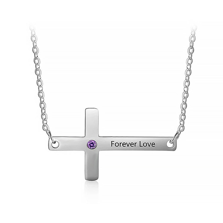 925 Sterling Silver Personalized Sideways Cross Necklace with Custom Name & Birthstone - onlyone