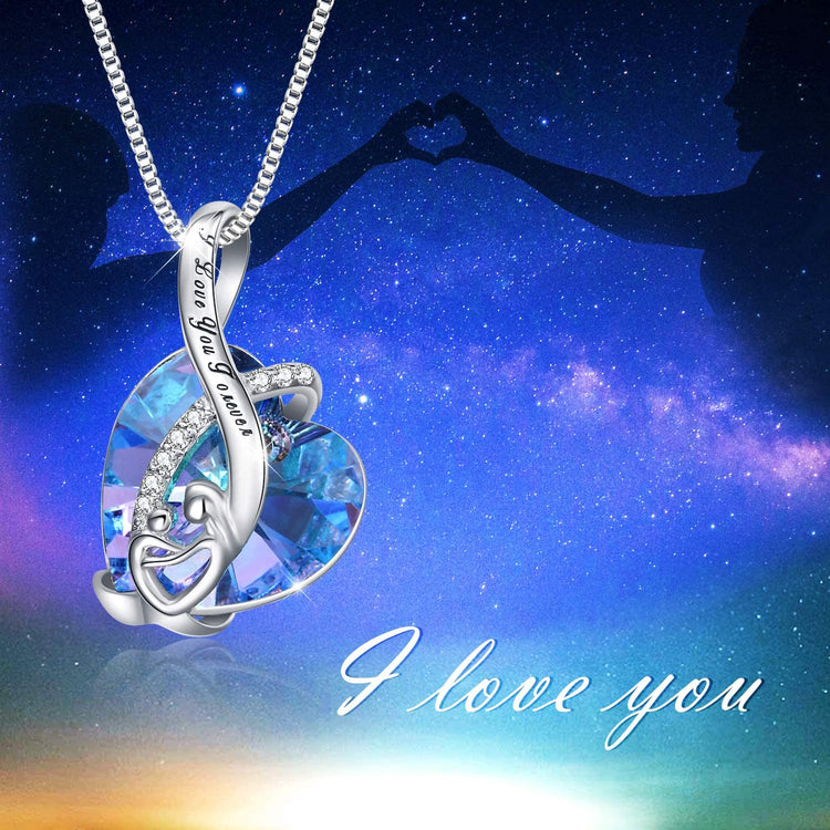 925 Sterling Silver Mom And Child Heart Crystal Pendant Necklace With I Love You Forever Engraved