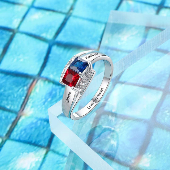 925 Sterling Silver Personalized Mothers Ring With 2 Simulated Birthstones, Couples Promise Rings - onlyone