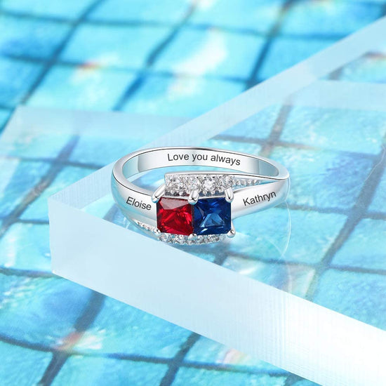 925 Sterling Silver Personalized Mothers Ring With 2 Simulated Birthstones, Couples Promise Rings - onlyone