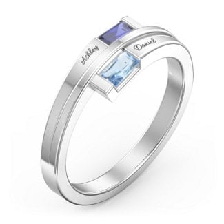 925 Sterling Silver Double Baguette Bypass Birthstone Ring