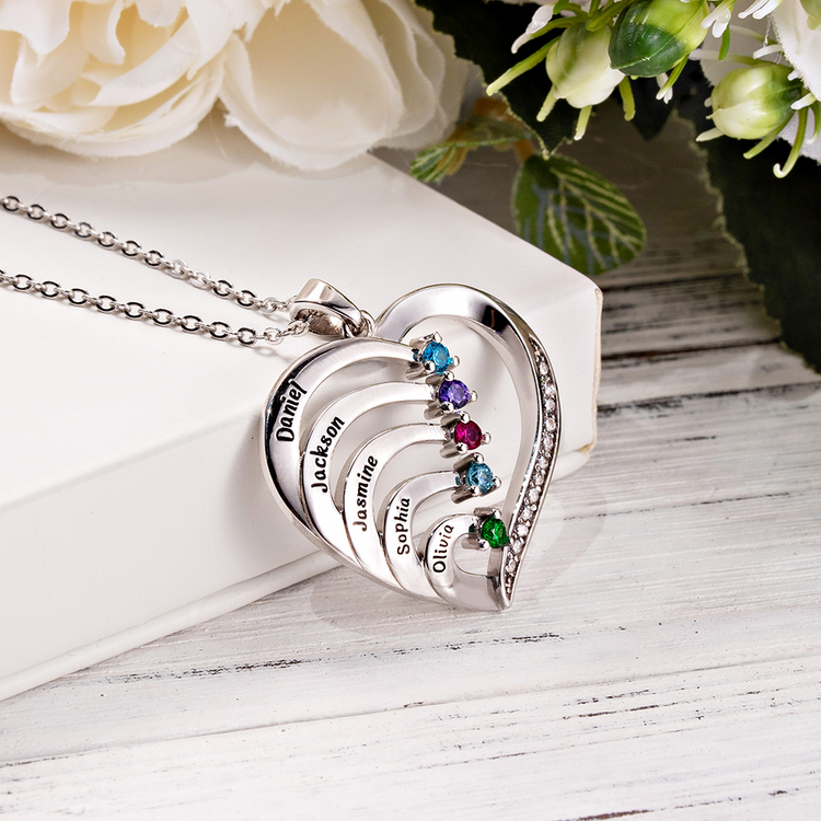 925 Sterling Silver Personalized Name and Birthstone Family Heart Necklace for Mom