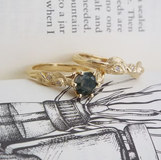 925 Sterling Silber Moos Achat Braut set Natur inspirierter Ring Einzigartiger Elfen blatt Verlobung Reben ringe Fantasy Waldring Natur Braut ring