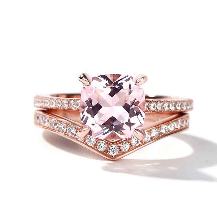 925 Sterling Silver Cushion Cut Synthetic Morganite Sterling Silver Ring Set