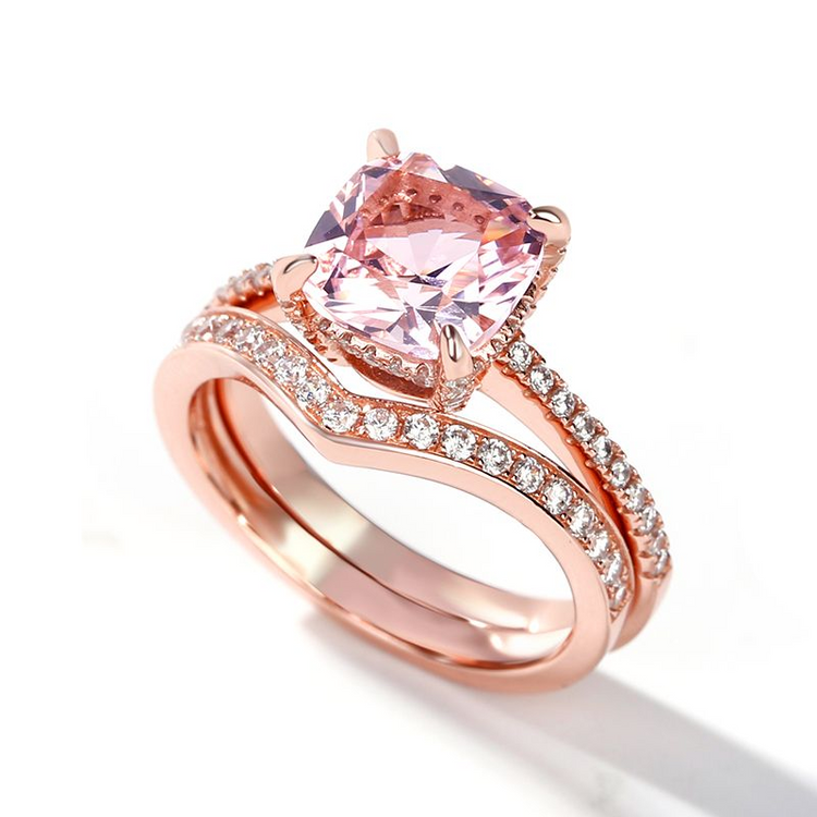 925 Sterling Silver Cushion Cut Synthetic Morganite Sterling Silver Ring Set