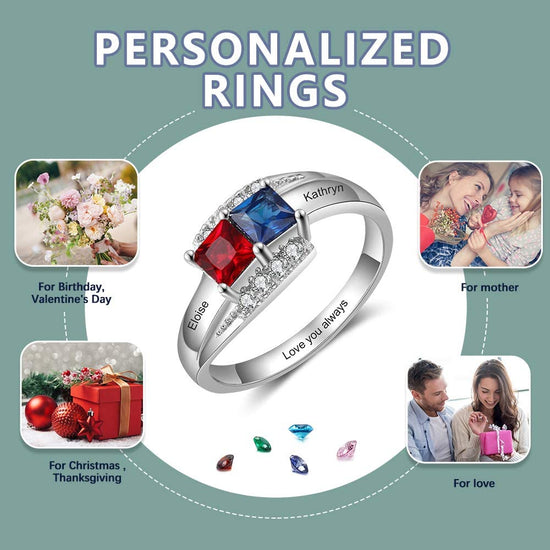 925 Sterling Silver Personalized Mothers Ring With 2 Simulated Birthstones, Couples Promise Rings - onlyone