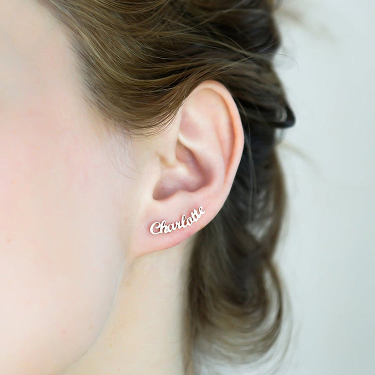 925 Sterling Silver Personalized Script Font "Lover" Name Earring - onlyone