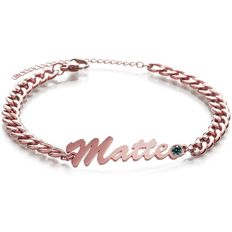 925 Sterling Silver Name Anklet Bracelet With Birthstone In Curb Chain