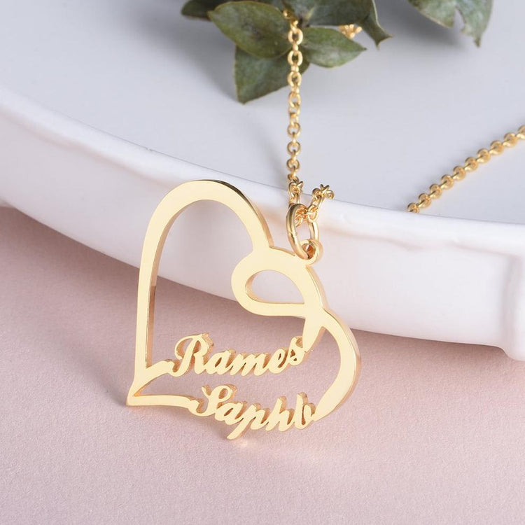 925 Sterling Silver Double Names Heart Name Necklace Nameplate Necklace - onlyone