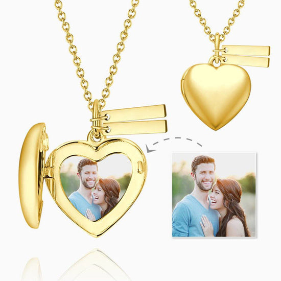 925 Sterling Silver Heart Photo Locket Necklace With Two Engraved Bars - onlyone