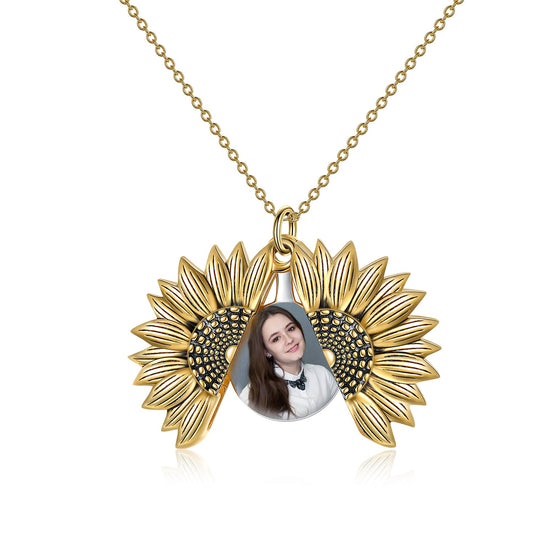 925 Sterling Silver Custom Photo Sunflower Locket Necklace - onlyone