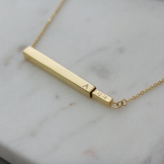 925 Sterling Silver Personalized Secret Message Horizontal 3D Bar Necklace