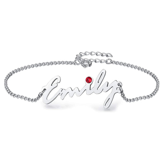 925 Sterling Silver Emily Custom Name Anklet With Birthstone, Gold Anklet With Name - onlyone