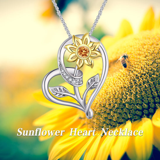 925 Sterling Silver Sunflower and Heart Pendant Necklace - onlyone