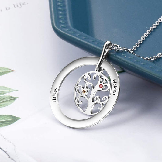 925 Sterling Silver Multi-Name Family Tree Necklace With Birthstone