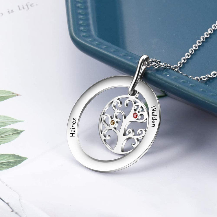925 Sterling Silver Multi-Name Family Tree Necklace With Birthstone