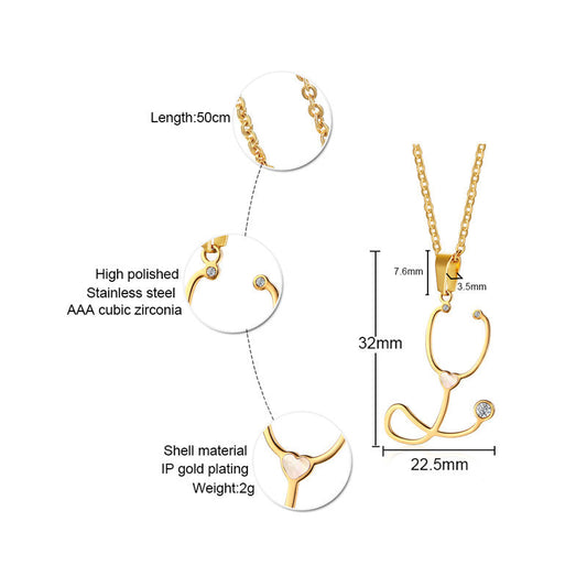 925 Sterling Silver White Angel Golden Stethoscope Necklace Pendant - onlyone