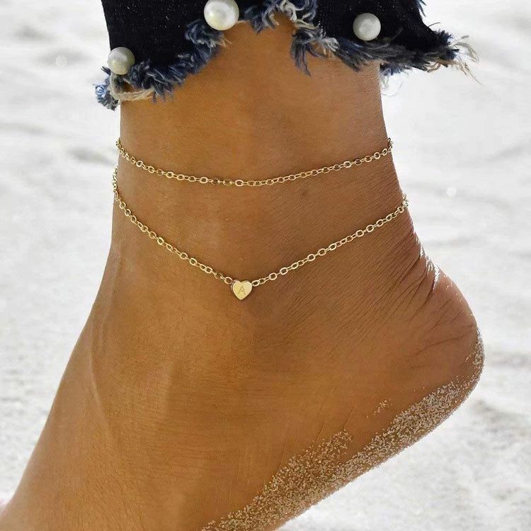 925 Sterling Silver Heart Initial Ankle Double Layered Anklet - onlyone