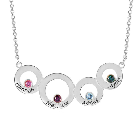 925 Sterling Silver Custom Engraved Necklace 4 Circles with Birthstone Necklace For Women - onlyone