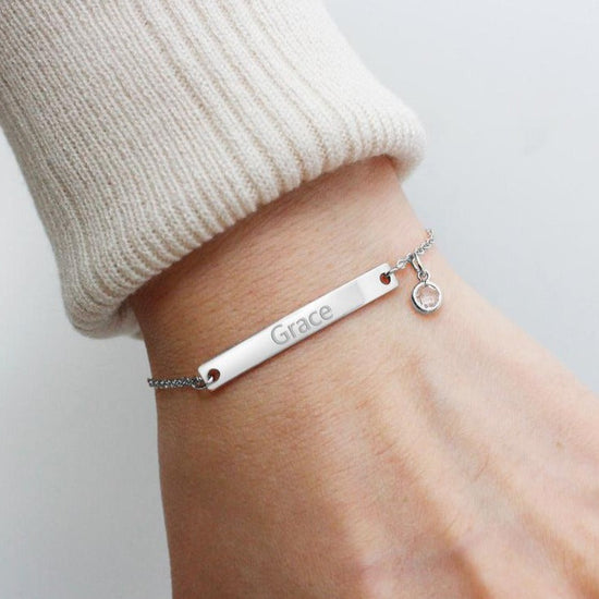 Sterling Silver Customized Name Bar Bracelet With Birthstone Gift For Her Bridesmaid Bracelet Nameplate Bracelet - onlyone