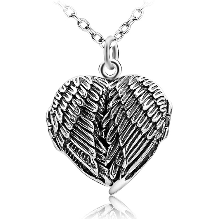 925 Sterling Silver Angel Wings Photo Locket Necklace, Retro Style Heart Shape Pendant Necklace - onlyone