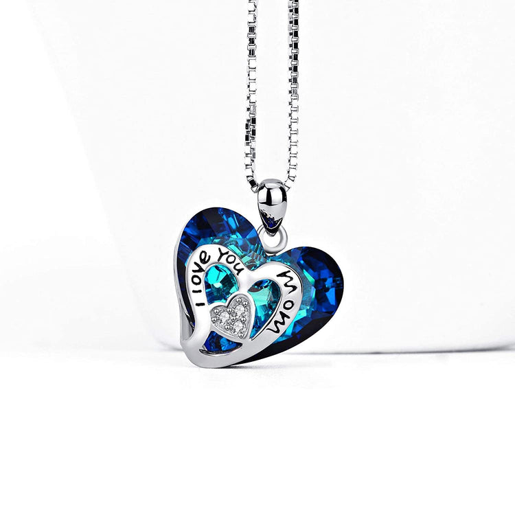 925 Sterling Silver I Love You Mom Heart Crystal Pandent Necklace