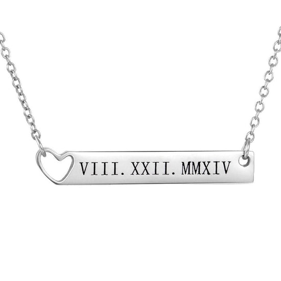 925 Sterling Silver Special Date Roman Numerals Engraved Bar Necklace With Hollow Heart - onlyone
