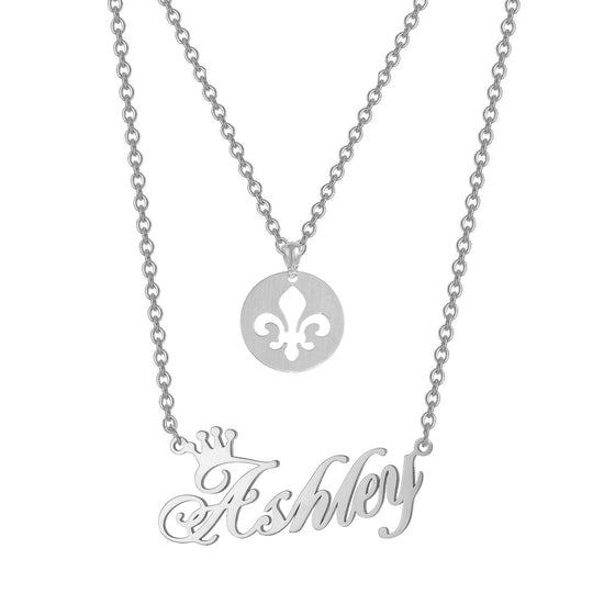 925 Sterling Silver Double Name Necklace Fleur De Lis Royal Lily Flower And Name Necklace - onlyone