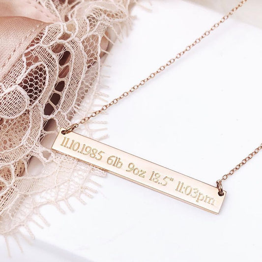 925 Sterling Silver Personalized Baby's Birth Information Bar Necklace