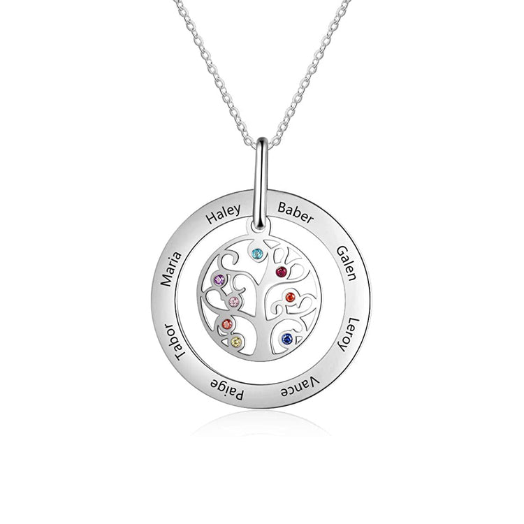 925 Sterling Silver Multi-Name Family Tree Necklace With Birthstone