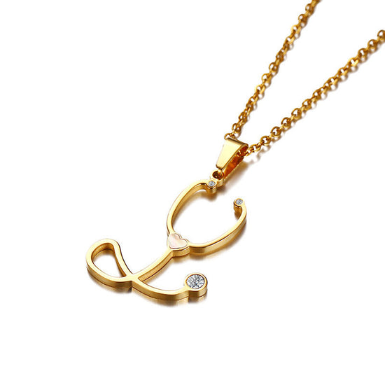 925 Sterling Silver White Angel Golden Stethoscope Necklace Pendant - onlyone