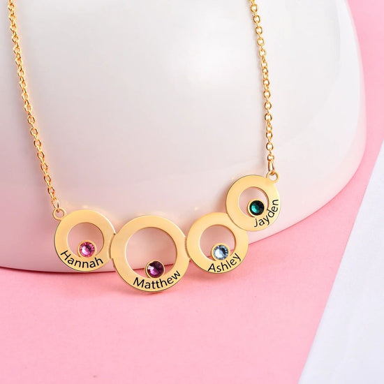 925 Sterling Silver Custom Engraved Necklace 4 Circles with Birthstone Necklace For Women - onlyone