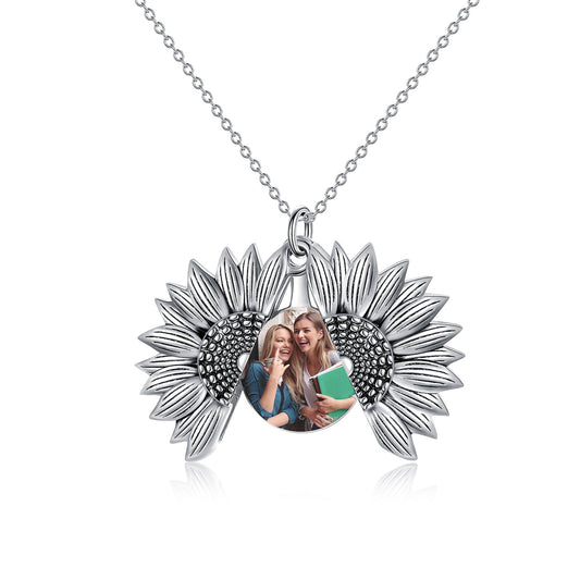 925 Sterling Silver Custom Photo Sunflower Locket Necklace - onlyone