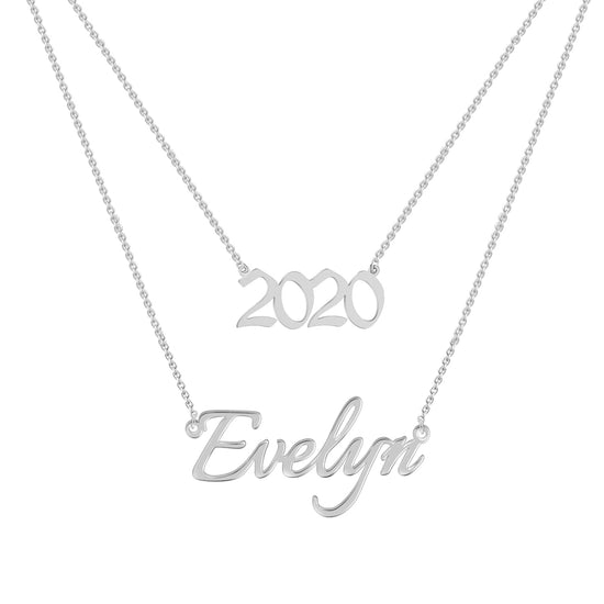 925 Sterling Silver Name And Year Double Layers Necklace - onlyone
